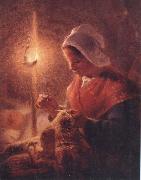Woman Sewing by Lamplight